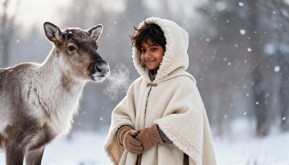 A young child in a warm hooded cloak stands next to a reindeer in a snowy forest during winter
