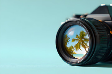 カメラレンズに映り込むトロピカルビーチの風景、ターコイズ背景のトラベルコンセプトビジュアル