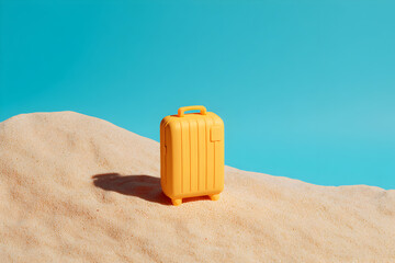砂浜に置かれた黄色いスーツケースのミニマルバカンスコンセプト、青い空のネガティブスペース