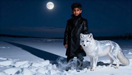 Obraz premium A young boy stands with a white fox under a full moon in a snowy landscape