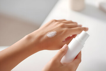 ハンドケア 白いボトルから保湿クリームを手の甲にのせる女性の手元クローズアップ ドライスキン対策やボディケア広告に使えるミニマルな美容イメージ