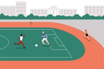 A school's sports field with students participating in various athletic activities, representing physical education, school sports, and a healthy active student life.