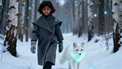 Obraz premium A young girl in a stylish coat walks with a glowing arctic fox through a snowy forest
