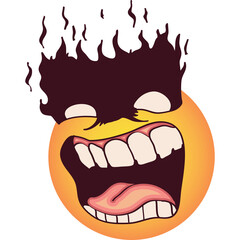 Pixelated illustration of an enraged yellow face with wide open mouth showing sharp teeth and tongue with black and red flames erupting from its head against a transparent background