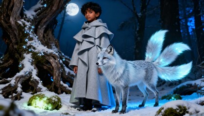 Obraz premium A young boy stands with a magical ninetailed fox in a snowy, moonlit forest