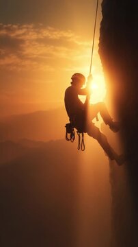 Daring Descent: A silhouette of a climber, anchored to a secure rope, descends a steep rock face against a vivid sunset background, embodying courage, adventure and risk-taking.