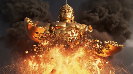A stunning golden statue erupts in flames as the world around it crumbles. The sky darkens with smoke, showcasing a dramatic blend of beauty and destruction in an unforgettable moment.
