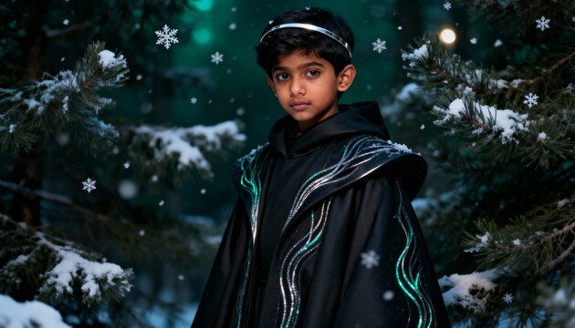A young boy in a fantasy costume stands in a snowy forest at night