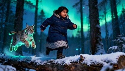 Young girl runs with a glowing lynx through a snowy forest under the aurora borealis
