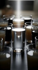 A variety of clear and dark glasses filled with different beverages arranged on a reflective surface in a modern setting