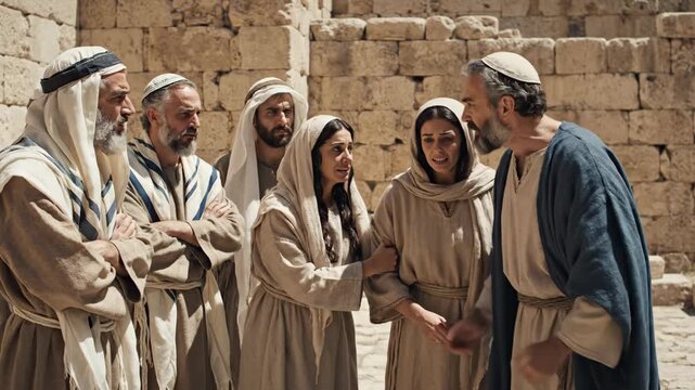 In a charming ancient village, a group of people animatedly shares ideas and laughter. The sun shines brightly, creating a warm atmosphere. Friendly gestures highlight their conversation.