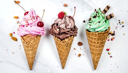 Three Delicious Ice Cream Cones with Various Flavors and Toppings.