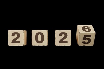 Wooden blocks spelling 2025-2026 on a black background, symbolizing new year concepts and future planning. A minimalist countdown design for various creative projects. 3D rendering.