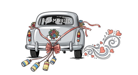 Fototapeta premium Just married elegant vintage car with ribbons, flowers, and cans ready for a honeymoon escape, perfect for wedding invitations and celebrations