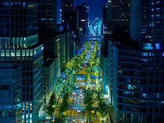 イルミネーションに彩られた大阪御堂筋を高層ビルから撮影 © Takamori Miyagishi 
