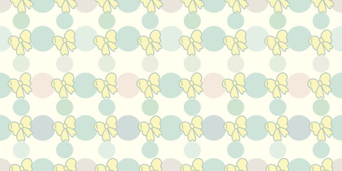 Colorful seamless pattern with multicolored circles and cute ribbon elements. Seamless fabric pattern. Wrapping paper pattern.
