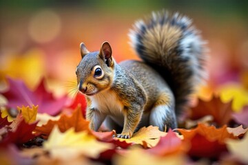 Squirrel Gray Gray squirrel gathering nuts in autumn leaves, focusing on the gathering action. A photorealistic, low angle shot of a gray squirrel with its bushy tail slightly raised, actively digging