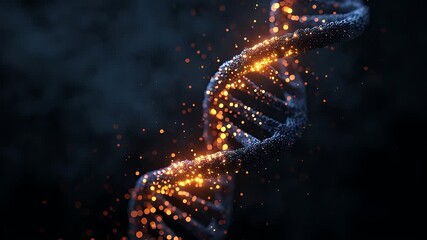 A stunning close-up of a DNA double helix illuminated with glowing particles, creating a sense of wonder and scientific discovery.