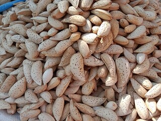 A neat pile of almonds (Prunus dulcis) displayed for sale in the market, dry brown seeds with natural texture, healthy snack concept, organic food and agriculture product background
