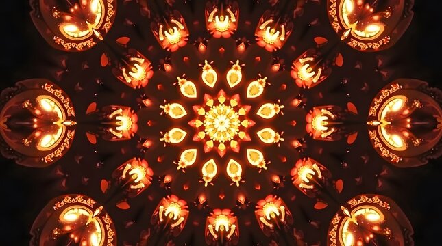 Radiant kaleidoscope pattern with fiery floral elements creates a warm and inviting glow, for diwali or deepavali celebration