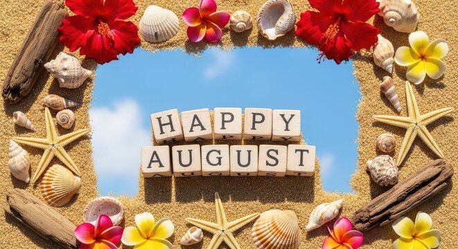 Happy august text spelled with wooden blocks on a beach with shells and flowers