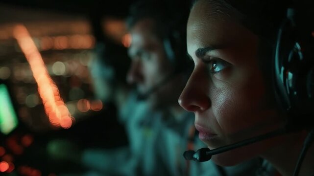 Focused Vigilance: A determined air traffic controller monitors flight paths with unwavering concentration, headset poised, amidst the complex operational environment. 