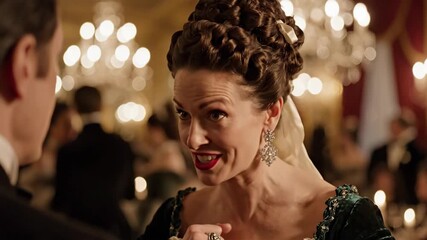 A graceful woman captivates the crowd with her animated gestures and charming smile at an extravagant ballroom event. The ambiance is rich with laughter, elegance, and stylish attire.