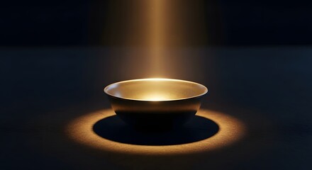 A minimalist image of a glowing bowl with a warm light shining from above, casting a soft shadow on a dark surface in a serene and tranquil setting