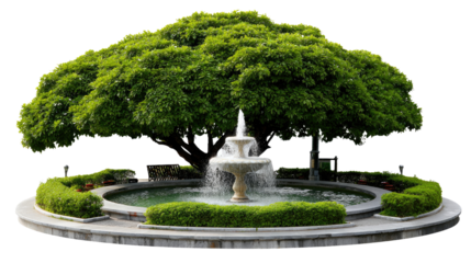 Tranquil Fountain in the Garden: A peaceful stone fountain at the heart of a lush, meticulously crafted garden, framed by vibrant green shrubbery and crowned by a majestic, sprawling tree.