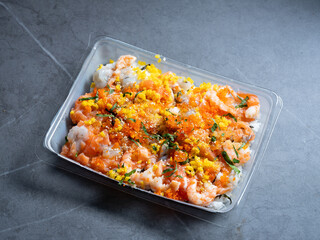 Seafood rice bowl with shrimp, salmon roe, and flying fish roe