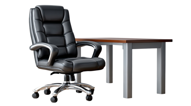 Office Chair and Table: A modern, comfortable, black office chair stands beside a sleek wooden table with metallic legs, creating an inviting workspace in a modern office. 