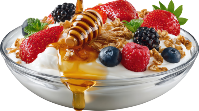 Yogurt Parfait with Berries: a refreshing yogurt parfait with a medley of fresh berries, creating a delicious and healthy treat. Honey drizzling over, a perfect blend of sweetness and visual appeal.