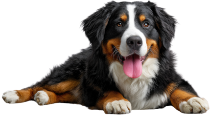 Bernese Mountain Dog: A majestic Bernese Mountain Dog, a breed celebrated for its striking tri-color coat and gentle demeanor, lounges serenely, radiating a sense of calmness.
