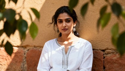 A young indian woman with dark hair and brown eyes, wearing a white embroidered kurta, looking at the camera