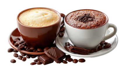 Coffee and Mocha Delight: Two mugs of rich cappuccino and mocha beverages sit side by side. Coffee beans and chocolate chunks add a touch of flavor and aesthetic appeal.