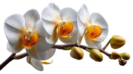 Orchid's delicate bloom: A close-up showcases the graceful orchid blossoms, with petals unfurling in exquisite detail, bringing a sense of purity and natural beauty.
