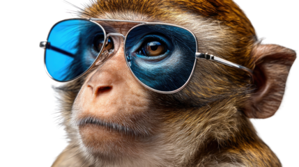 Monkey with Sunglasses: A close-up view of a mischievous monkey sporting stylish sunglasses, projecting a cool and playful vibe. 