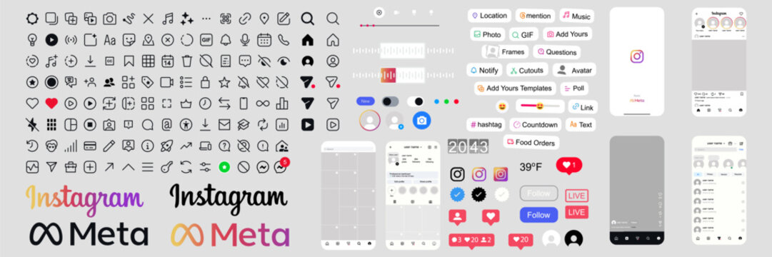 New Instagram interface set featuring updated social media icons, buttons, and UI elements. Editorial vector illustration showing the latest Instagram design style for news, articles, tech reviews