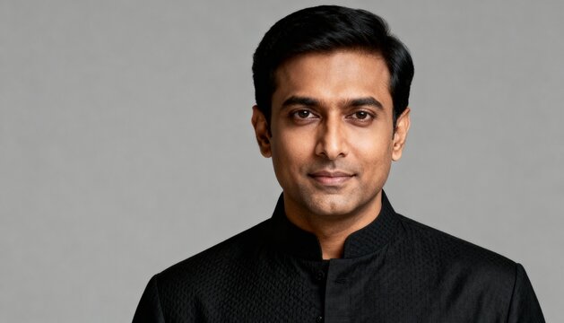 A handsome indian man in traditional black attire, looking confidently at the camera with a slight smile - Powered by Adobe