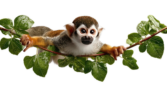 Playful Primate: A captivating squirrel monkey perches gracefully on a verdant branch, its keen eyes and agile physique reflecting the beauty of the natural world.