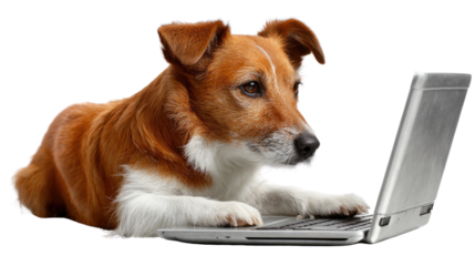 Digital Dog's Day: An alert dog attentively working on a laptop, showing canine integration with technology. Demonstrating the modern pet and device connection.