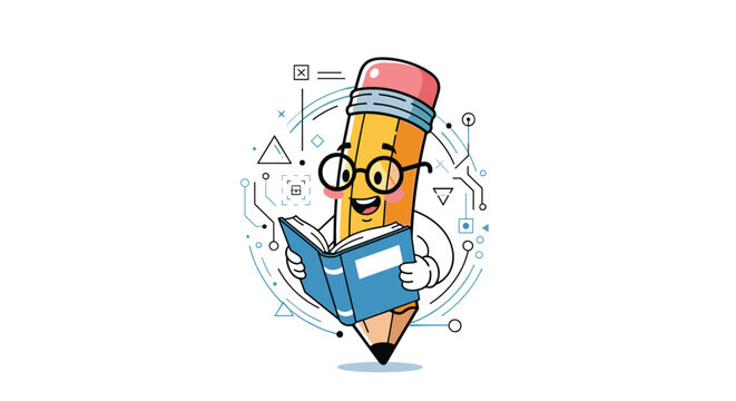 Intelligent Cartoon Pencil Character with Glasses Reading a Book Amidst Geometric Scientific Illustrations