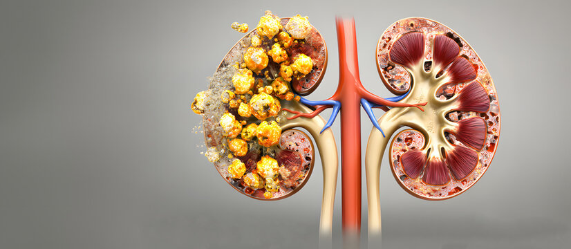 A scientific anatomy diagram is presented focusing on the human kidneys with highlighted structural deterioration and organ damage in medical visualization