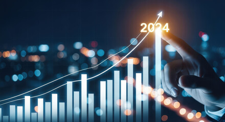 Projected Financial Growth Chart for 2024 with Upward Trend Line and Hand Pointing Towards Future Success in Business and Investment Planning for Economic Prosperity