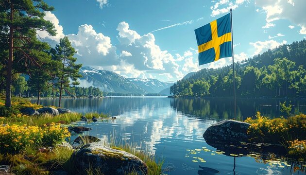 Swedish flag waving over lake and hills under blue sky.
