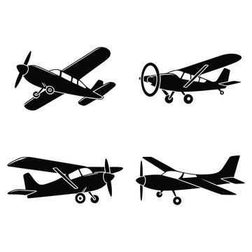 Small aircraft silhouette set, biplane, floatplane, single-engine airplane icons, black vector graphic, aviation design, isolated flight illustration