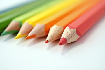 Obraz premium Rainbow-colored pencils neatly arranged, showcasing vibrant hues from green to red on a clean white background.