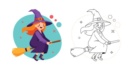 Cute Cartoon Witch Flying Broomstick Spooky Halloween Celebration Autumn Festival Magical Fantasy Character Design Artwork