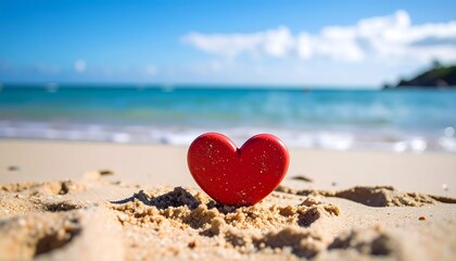 Red heart on sandy beach with ocean backdrop.