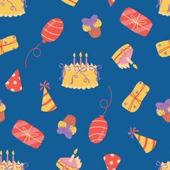 Seamless Pattern of Birthday Party Elements. Design for fabrics, textiles, wallpaper, packaging